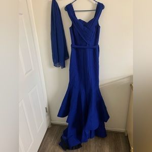 Off shoulder fishtail blue dress with a slit